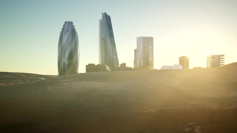 Rascacielos-De-La-Ciudad-En-El-Desierto-Al-Atardecer